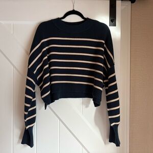 Free People Easy Street Cropped Striped Pullover Sweater in Navy Medium